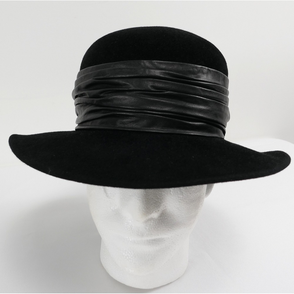 VTG Frank Olive Private Neiman Marcus Black Felt Wide Brim Hat Pleated Leather